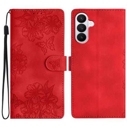 Cherry Blossom Butterfly Skin Feel Embossed PU Phone Case, For Samsung Galaxy S26 Edge 5G, For Samsung Galaxy S26 Ultra 5G, For Samsung Galaxy S26 5G