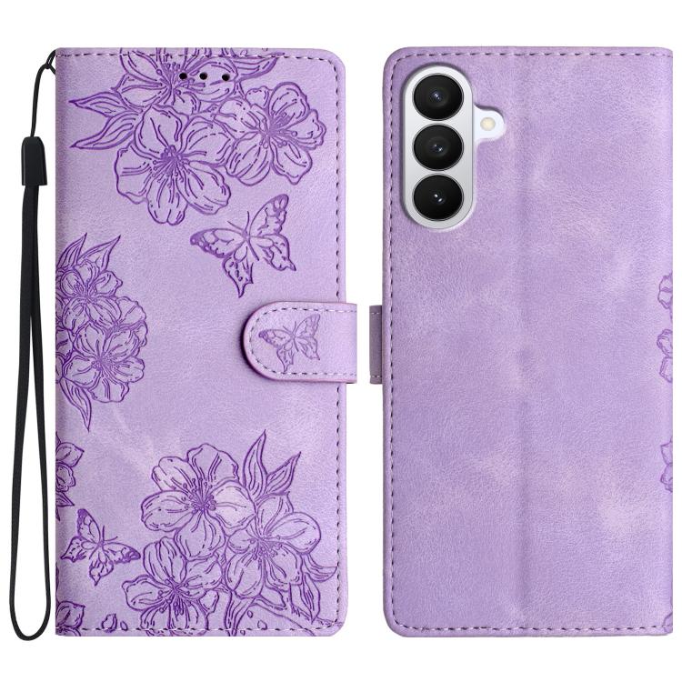 Cherry Blossom Butterfly Skin Feel Embossed PU Phone Case, For Samsung Galaxy S26 Edge 5G, For Samsung Galaxy S26 Ultra 5G, For Samsung Galaxy S26 5G