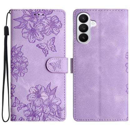Cherry Blossom Butterfly Skin Feel Embossed PU Phone Case, For Samsung Galaxy S26 Edge 5G, For Samsung Galaxy S26 Ultra 5G, For Samsung Galaxy S26 5G