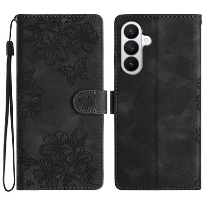 Cherry Blossom Butterfly Skin Feel Embossed PU Phone Case, For Samsung Galaxy S26 Edge 5G, For Samsung Galaxy S26 Ultra 5G, For Samsung Galaxy S26 5G