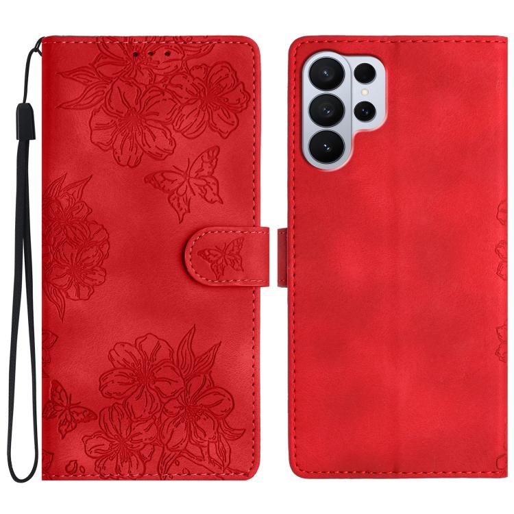 Cherry Blossom Butterfly Skin Feel Embossed PU Phone Case, For Samsung Galaxy S26 Edge 5G, For Samsung Galaxy S26 Ultra 5G, For Samsung Galaxy S26 5G