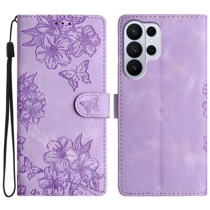Cherry Blossom Butterfly Skin Feel Embossed PU Phone Case, For Samsung Galaxy S26 Edge 5G, For Samsung Galaxy S26 Ultra 5G, For Samsung Galaxy S26 5G