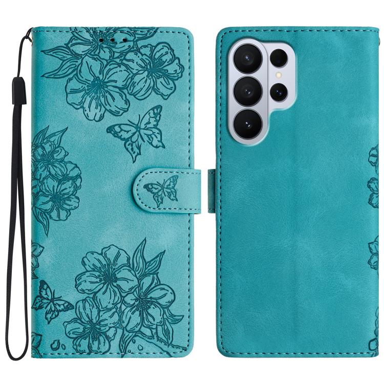 Cherry Blossom Butterfly Skin Feel Embossed PU Phone Case, For Samsung Galaxy S26 Edge 5G, For Samsung Galaxy S26 Ultra 5G, For Samsung Galaxy S26 5G