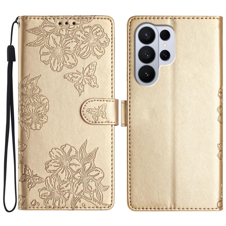 Cherry Blossom Butterfly Skin Feel Embossed PU Phone Case, For Samsung Galaxy S26 Edge 5G, For Samsung Galaxy S26 Ultra 5G, For Samsung Galaxy S26 5G