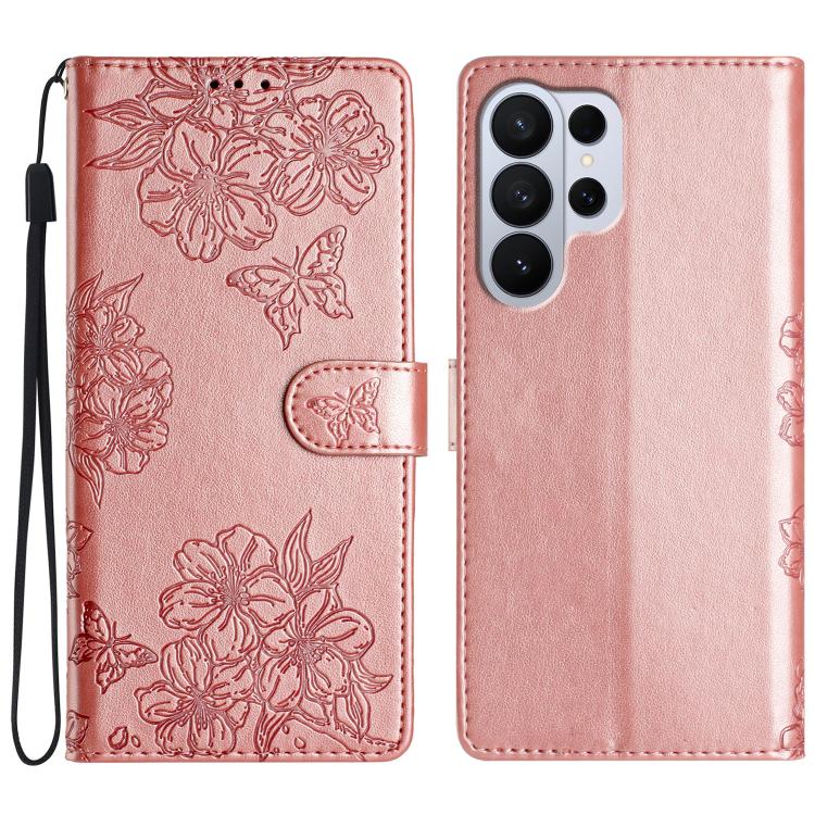 Cherry Blossom Butterfly Skin Feel Embossed PU Phone Case, For Samsung Galaxy S26 Edge 5G, For Samsung Galaxy S26 Ultra 5G, For Samsung Galaxy S26 5G