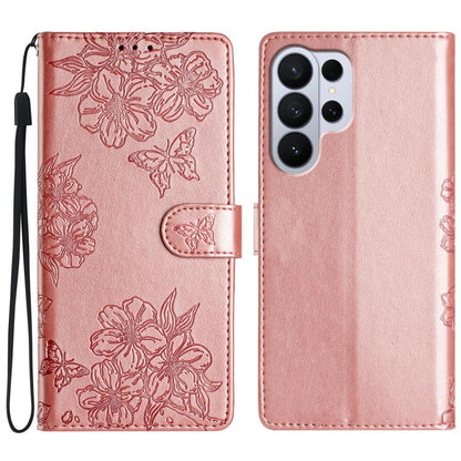 Cherry Blossom Butterfly Skin Feel Embossed PU Phone Case, For Samsung Galaxy S26 Edge 5G, For Samsung Galaxy S26 Ultra 5G, For Samsung Galaxy S26 5G