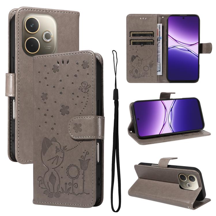 Cat and Bee Embossed Flip Leather Phone Case, For OPPO A5 Pro 5G Global, For OPPO Reno12 Pro 5G Global, For OPPO Reno12 5G Global