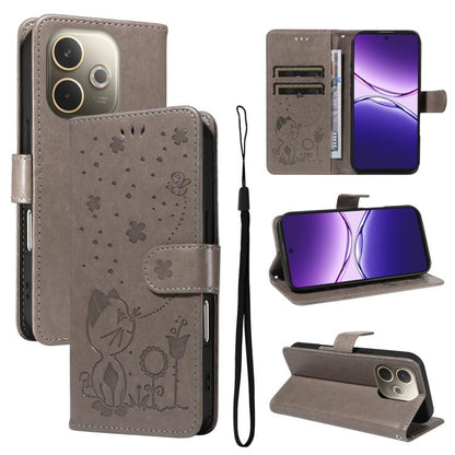 Cat and Bee Embossed Flip Leather Phone Case, For OPPO A5 Pro 5G Global, For OPPO Reno12 Pro 5G Global, For OPPO Reno12 5G Global