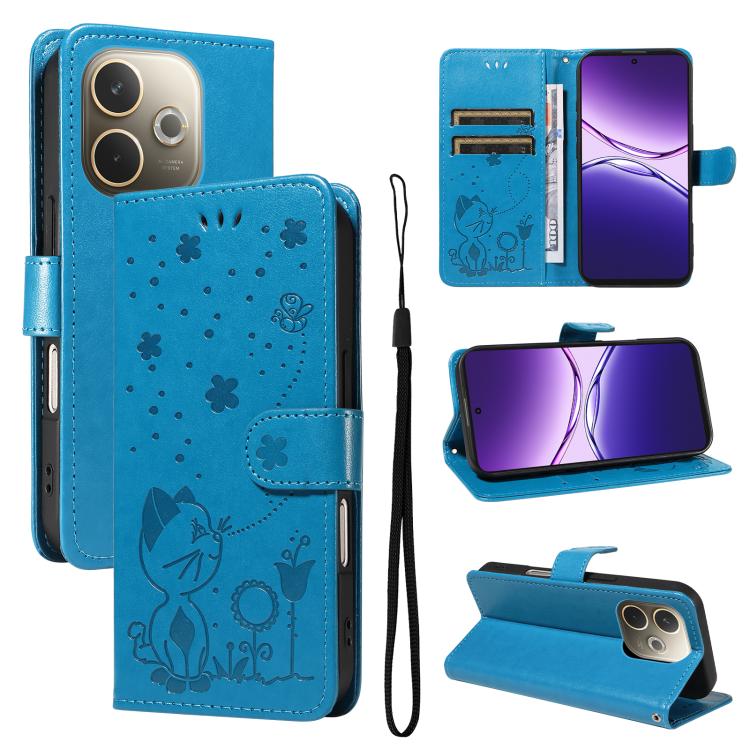 Cat and Bee Embossed Flip Leather Phone Case, For OPPO A5 Pro 5G Global, For OPPO Reno12 Pro 5G Global, For OPPO Reno12 5G Global