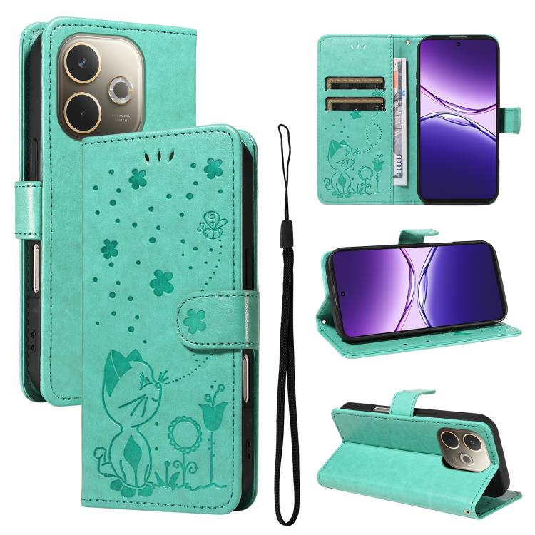 Cat and Bee Embossed Flip Leather Phone Case, For OPPO A5 Pro 5G Global, For OPPO Reno12 Pro 5G Global, For OPPO Reno12 5G Global