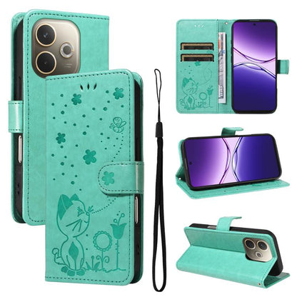 Cat and Bee Embossed Flip Leather Phone Case, For OPPO A5 Pro 5G Global, For OPPO Reno12 Pro 5G Global, For OPPO Reno12 5G Global