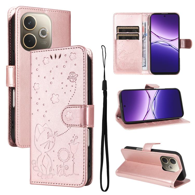 Cat and Bee Embossed Flip Leather Phone Case, For OPPO A5 Pro 5G Global, For OPPO Reno12 Pro 5G Global, For OPPO Reno12 5G Global