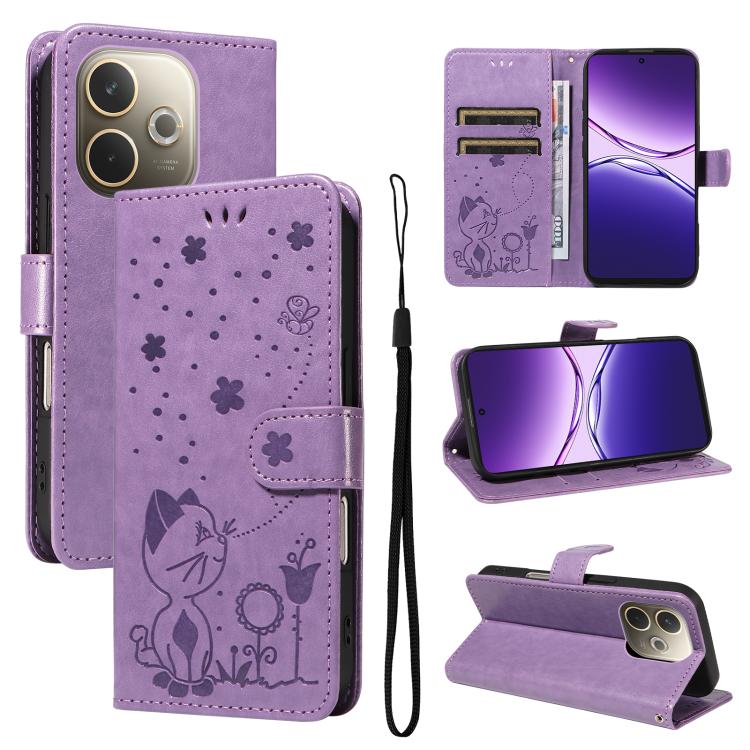 Cat and Bee Embossed Flip Leather Phone Case, For OPPO A5 Pro 5G Global, For OPPO Reno12 Pro 5G Global, For OPPO Reno12 5G Global