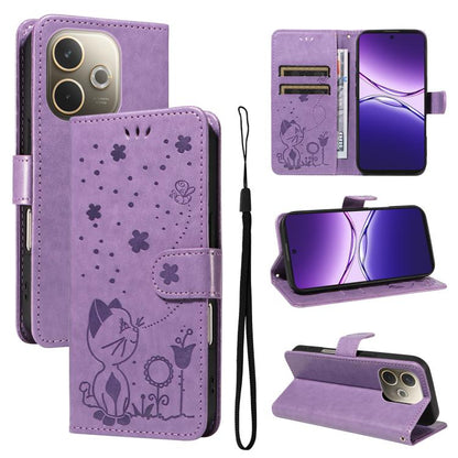 Cat and Bee Embossed Flip Leather Phone Case, For OPPO A5 Pro 5G Global, For OPPO Reno12 Pro 5G Global, For OPPO Reno12 5G Global