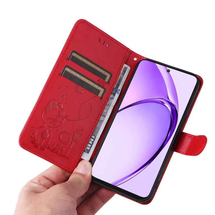 Cat and Bee Embossed Flip Leather Phone Case, For OPPO K12X 5G Global, For OPPO A5 Pro 5G Global, For OPPO Reno12 Pro 5G Global, For OPPO Reno12 5G Global