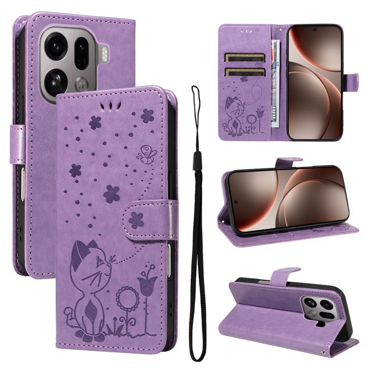 Cat and Bee Embossed Flip Leather Phone Case, For OPPO Find X9, For OPPO A6 Pro 4G / 5G Global, For OPPO Find X9 Pro, For OPPO A60 5G Global / A40 4G Global