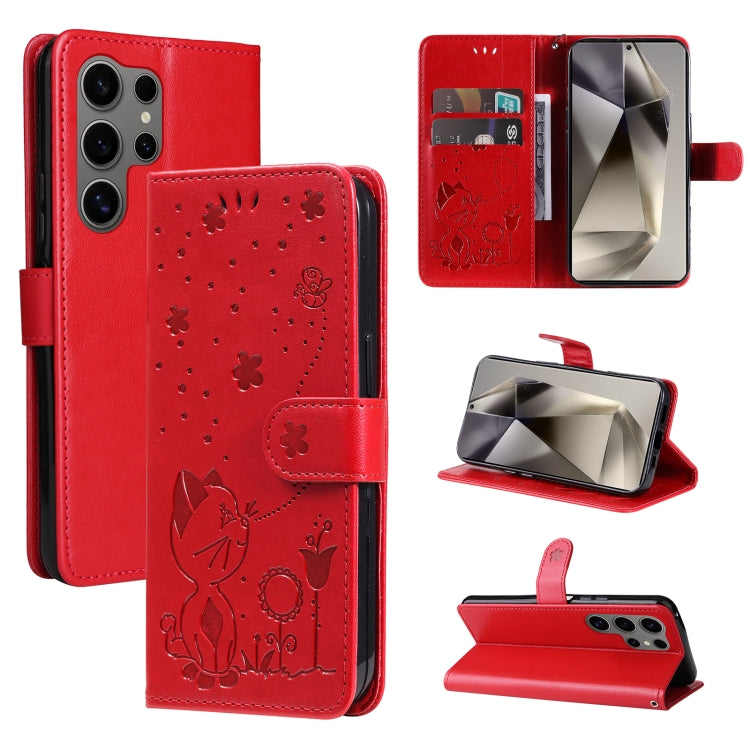 Cat and Bee Embossed Flip Leather Phone Case, For Samsung Galaxy S25 FE 5G, For Samsung Galaxy S25 / S24 5G, For Samsung Galaxy S25+ / S24+ 5G, For Samsung Galaxy S25 Ultra 5G