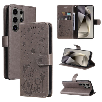 Cat and Bee Embossed Flip Leather Phone Case, For Samsung Galaxy S25 FE 5G, For Samsung Galaxy S25 / S24 5G, For Samsung Galaxy S25+ / S24+ 5G, For Samsung Galaxy S25 Ultra 5G