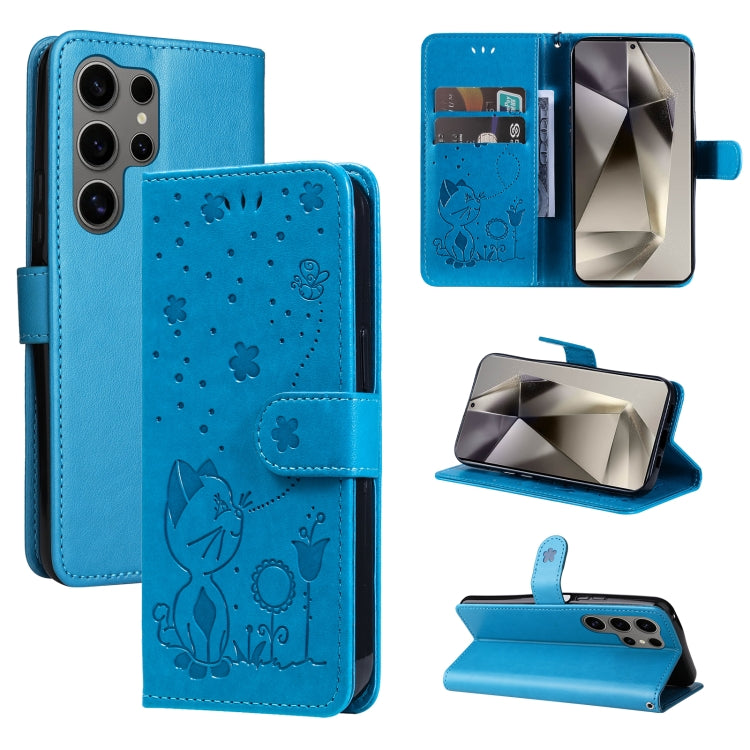 Cat and Bee Embossed Flip Leather Phone Case, For Samsung Galaxy S25 FE 5G, For Samsung Galaxy S25 / S24 5G, For Samsung Galaxy S25+ / S24+ 5G, For Samsung Galaxy S25 Ultra 5G