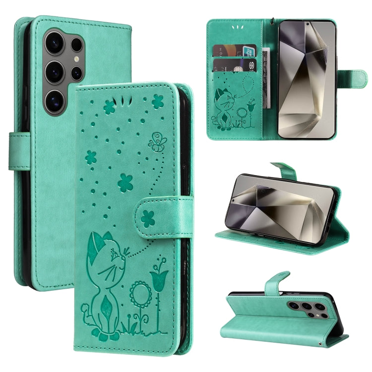 Cat and Bee Embossed Flip Leather Phone Case, For Samsung Galaxy S25 FE 5G, For Samsung Galaxy S25 / S24 5G, For Samsung Galaxy S25+ / S24+ 5G, For Samsung Galaxy S25 Ultra 5G