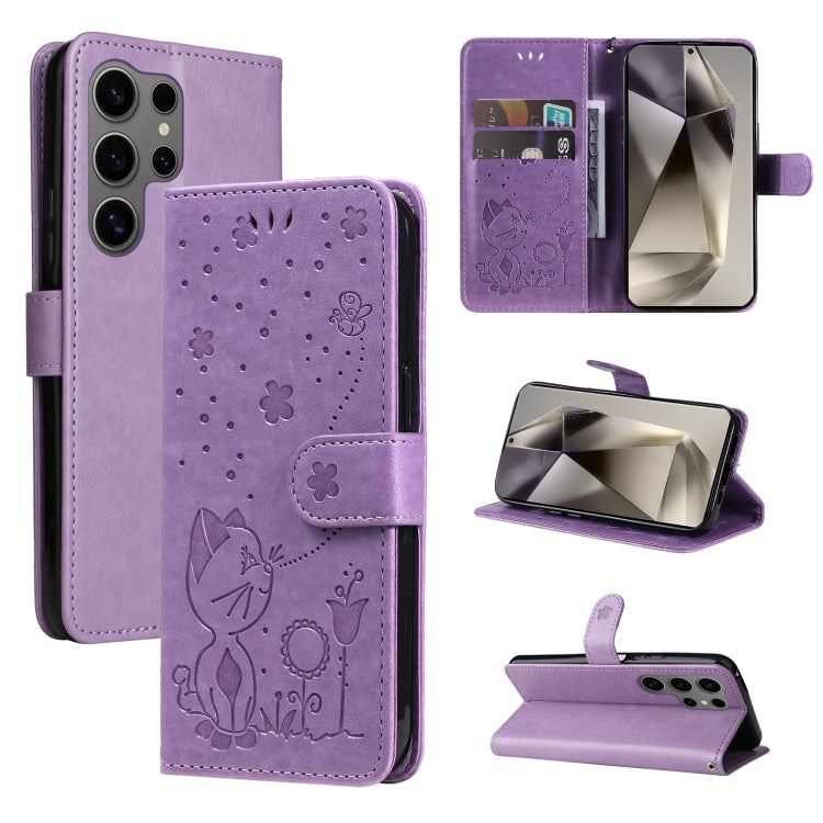 Cat and Bee Embossed Flip Leather Phone Case, For Samsung Galaxy S25 FE 5G, For Samsung Galaxy S25 / S24 5G, For Samsung Galaxy S25+ / S24+ 5G, For Samsung Galaxy S25 Ultra 5G