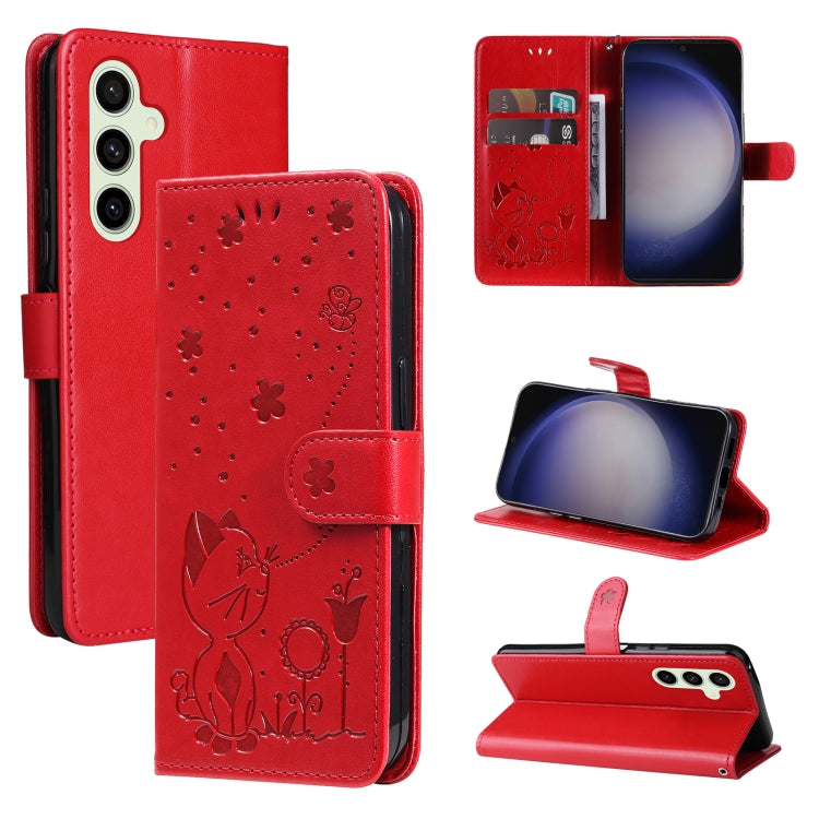 Cat and Bee Embossed Flip Leather Phone Case, For Samsung Galaxy S25 FE 5G, For Samsung Galaxy S25 / S24 5G, For Samsung Galaxy S25+ / S24+ 5G, For Samsung Galaxy S25 Ultra 5G
