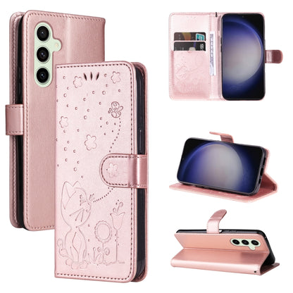 Cat and Bee Embossed Flip Leather Phone Case, For Samsung Galaxy S25 FE 5G, For Samsung Galaxy S25 / S24 5G, For Samsung Galaxy S25+ / S24+ 5G, For Samsung Galaxy S25 Ultra 5G