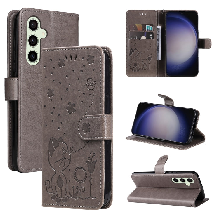 Cat and Bee Embossed Flip Leather Phone Case, For Samsung Galaxy S25 FE 5G, For Samsung Galaxy S25 / S24 5G, For Samsung Galaxy S25+ / S24+ 5G, For Samsung Galaxy S25 Ultra 5G