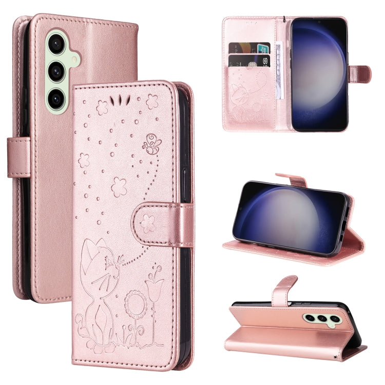 Cat and Bee Embossed Flip Leather Phone Case, For Samsung Galaxy S25 FE 5G, For Samsung Galaxy S25 / S24 5G, For Samsung Galaxy S25+ / S24+ 5G, For Samsung Galaxy S25 Ultra 5G