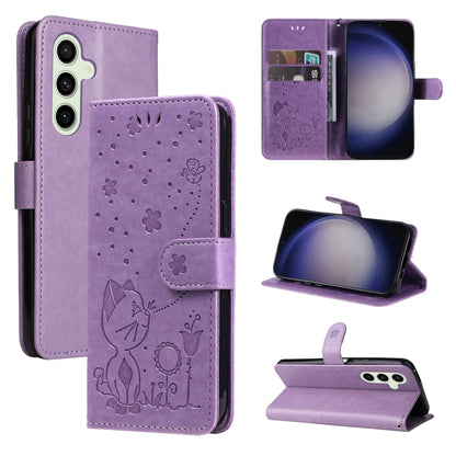 Cat and Bee Embossed Flip Leather Phone Case, For Samsung Galaxy S25 FE 5G, For Samsung Galaxy S25 / S24 5G, For Samsung Galaxy S25+ / S24+ 5G, For Samsung Galaxy S25 Ultra 5G