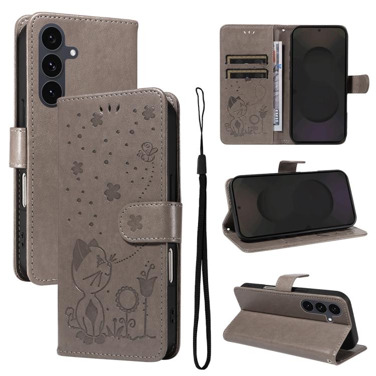 Cat and Bee Embossed Flip Leather Phone Case, For Samsung Galaxy S25 FE 5G, For Samsung Galaxy S25 / S24 5G, For Samsung Galaxy S25+ / S24+ 5G, For Samsung Galaxy S25 Ultra 5G