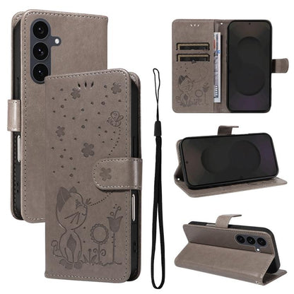 Cat and Bee Embossed Flip Leather Phone Case, For Samsung Galaxy S25 FE 5G, For Samsung Galaxy S25 / S24 5G, For Samsung Galaxy S25+ / S24+ 5G, For Samsung Galaxy S25 Ultra 5G