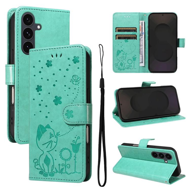 Cat and Bee Embossed Flip Leather Phone Case, For Samsung Galaxy S25 FE 5G, For Samsung Galaxy S25 / S24 5G, For Samsung Galaxy S25+ / S24+ 5G, For Samsung Galaxy S25 Ultra 5G