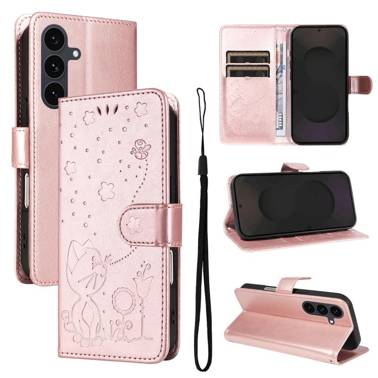 Cat and Bee Embossed Flip Leather Phone Case, For Samsung Galaxy S25 FE 5G, For Samsung Galaxy S25 / S24 5G, For Samsung Galaxy S25+ / S24+ 5G, For Samsung Galaxy S25 Ultra 5G
