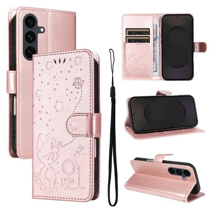 Cat and Bee Embossed Flip Leather Phone Case, For Samsung Galaxy S25 FE 5G, For Samsung Galaxy S25 / S24 5G, For Samsung Galaxy S25+ / S24+ 5G, For Samsung Galaxy S25 Ultra 5G