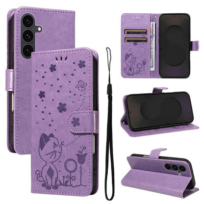 Cat and Bee Embossed Flip Leather Phone Case, For Samsung Galaxy S25 FE 5G, For Samsung Galaxy S25 / S24 5G, For Samsung Galaxy S25+ / S24+ 5G, For Samsung Galaxy S25 Ultra 5G