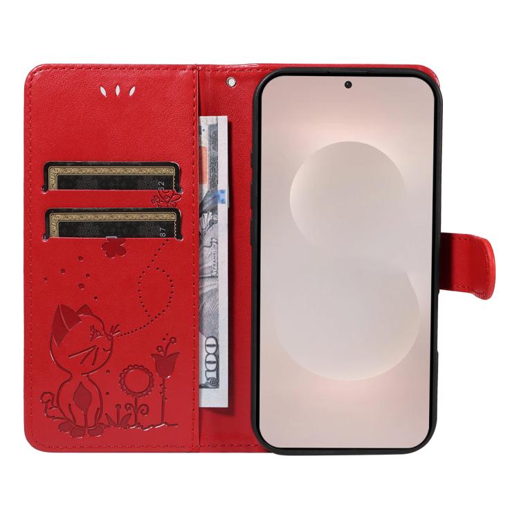 Cat and Bee Embossed Flip Leather Phone Case, For Samsung Galaxy S26 Edge 5G, For Samsung Galaxy S26 Ultra 5G, For Samsung Galaxy S26 Pro 5G, For Samsung Galaxy S25 FE 5G