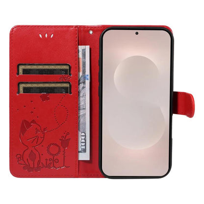 Cat and Bee Embossed Flip Leather Phone Case, For Samsung Galaxy S26 Edge 5G, For Samsung Galaxy S26 Ultra 5G, For Samsung Galaxy S26 Pro 5G, For Samsung Galaxy S25 FE 5G