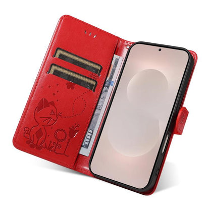 Cat and Bee Embossed Flip Leather Phone Case, For Samsung Galaxy S26 Edge 5G, For Samsung Galaxy S26 Ultra 5G, For Samsung Galaxy S26 Pro 5G, For Samsung Galaxy S25 FE 5G