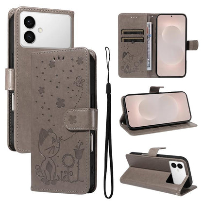 Cat and Bee Embossed Flip Leather Phone Case, For Samsung Galaxy S26+ 5G, For Samsung Galaxy S26 Edge 5G, For Samsung Galaxy S26 Ultra 5G, For Samsung Galaxy S26 5G