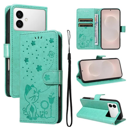 Cat and Bee Embossed Flip Leather Phone Case, For Samsung Galaxy S26+ 5G, For Samsung Galaxy S26 Edge 5G, For Samsung Galaxy S26 Ultra 5G, For Samsung Galaxy S26 5G