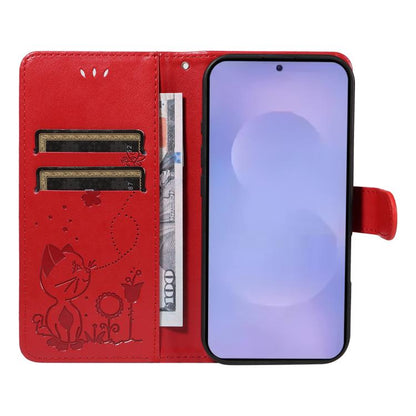 Cat and Bee Embossed Flip Leather Phone Case, For Galaxy S26 5G, For Galaxy S25 FE 5G, For Galaxy S25 / S24 5G, For Galaxy S25+ / S24+ 5G