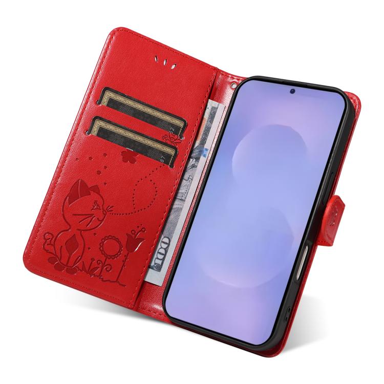 Cat and Bee Embossed Flip Leather Phone Case, For Galaxy S26 5G, For Galaxy S25 FE 5G, For Galaxy S25 / S24 5G, For Galaxy S25+ / S24+ 5G