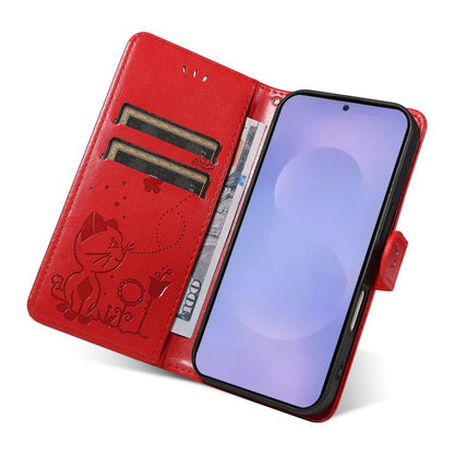 Cat and Bee Embossed Flip Leather Phone Case, For Galaxy S26 5G, For Galaxy S25 FE 5G, For Galaxy S25 / S24 5G, For Galaxy S25+ / S24+ 5G