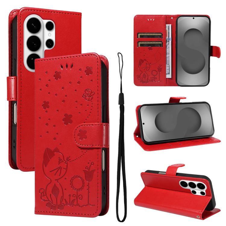 Cat and Bee Embossed Flip Leather Phone Case, For Samsung Galaxy S26+ 5G, For Samsung Galaxy S26 Edge 5G, For Samsung Galaxy S26 Ultra 5G, For Samsung Galaxy S26 5G