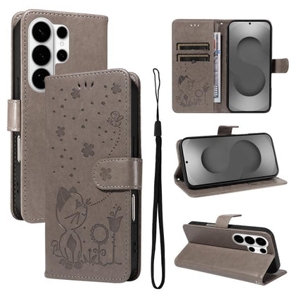 Cat and Bee Embossed Flip Leather Phone Case, For Samsung Galaxy S26+ 5G, For Samsung Galaxy S26 Edge 5G, For Samsung Galaxy S26 Ultra 5G, For Samsung Galaxy S26 5G