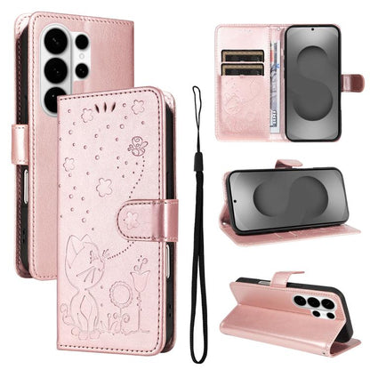 Cat and Bee Embossed Flip Leather Phone Case, For Samsung Galaxy S26+ 5G, For Samsung Galaxy S26 Edge 5G, For Samsung Galaxy S26 Ultra 5G, For Samsung Galaxy S26 5G