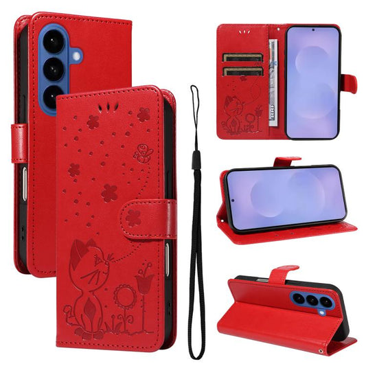 Cat and Bee Embossed Flip Leather Phone Case, For Samsung Galaxy S26+ 5G, For Samsung Galaxy S26 Edge 5G, For Samsung Galaxy S26 Ultra 5G, For Samsung Galaxy S26 5G