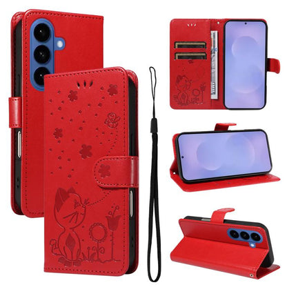 Cat and Bee Embossed Flip Leather Phone Case, For Galaxy S26 FE 5G, For Galaxy S26+ 5G, For Galaxy S26 Edge 5G, For Galaxy S26 Ultra 5G