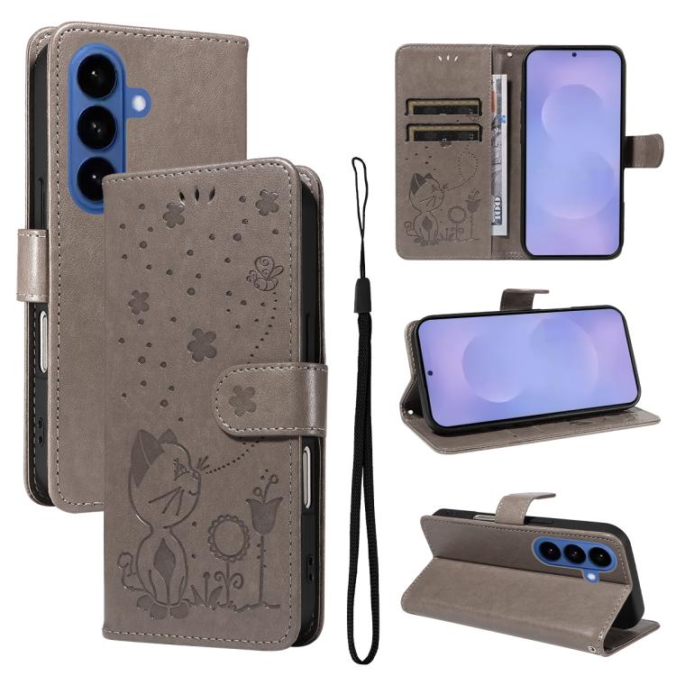 Cat and Bee Embossed Flip Leather Phone Case, For Samsung Galaxy S26+ 5G, For Samsung Galaxy S26 Edge 5G, For Samsung Galaxy S26 Ultra 5G, For Samsung Galaxy S26 5G